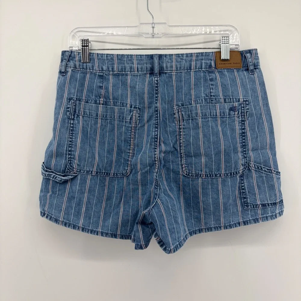 American Eagle Women 10 Blue Pinstripe 90s Boyfriend Shorts Highest Rise Utility